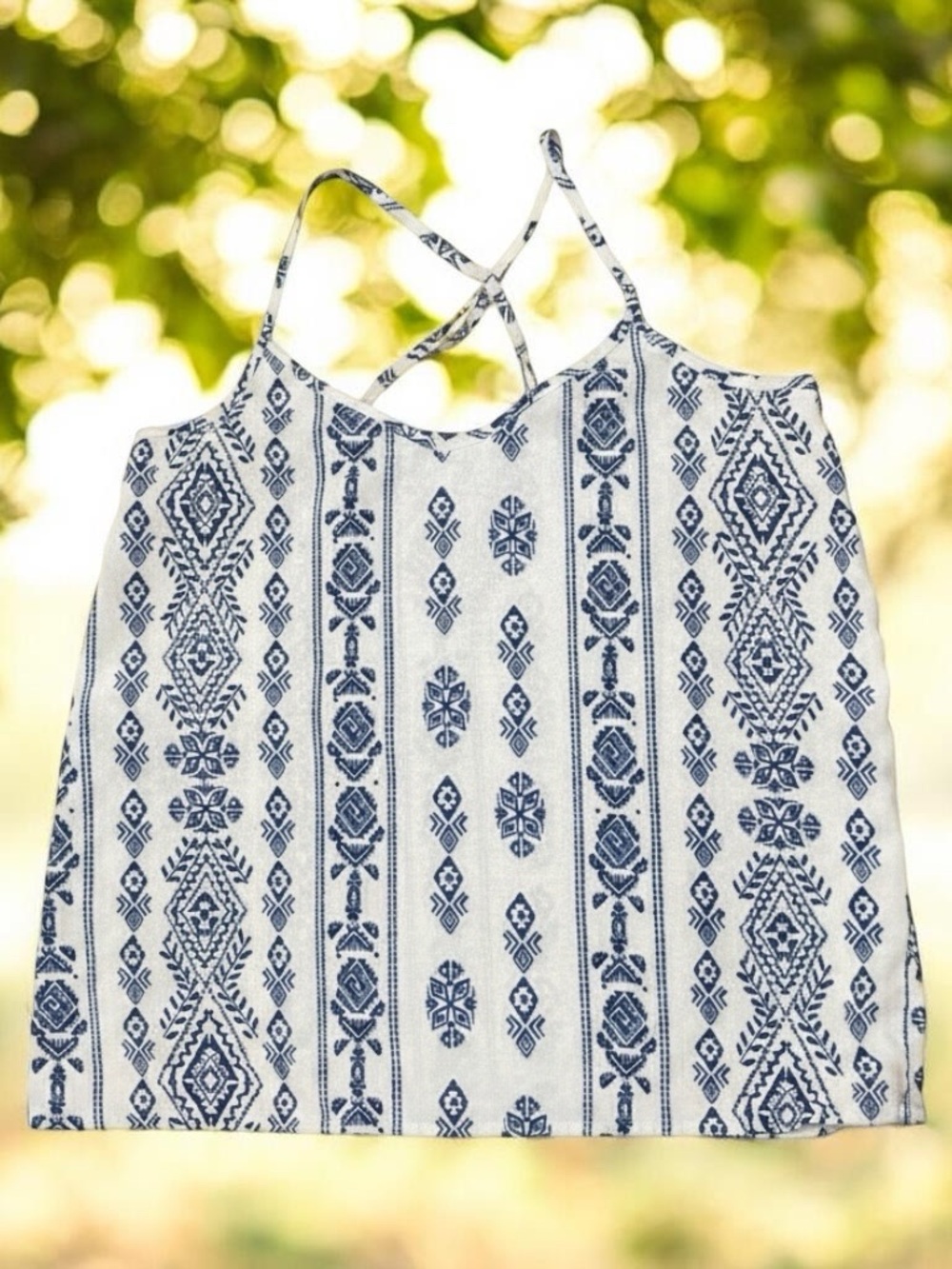 Hollister poly satin tank top with a tribal-inspired print and strappy back desi